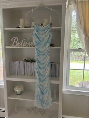 Petite Blue & White Tie Dye Cowl Neck Maxi Dress- Size S